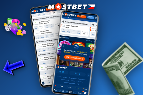 Android telefon s instalačním dialogem Mostbet APK a logem aplikace na displeji